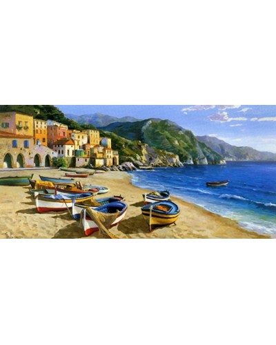 ציור שמן סירות דייגים על החוף בעיירה צבעונית